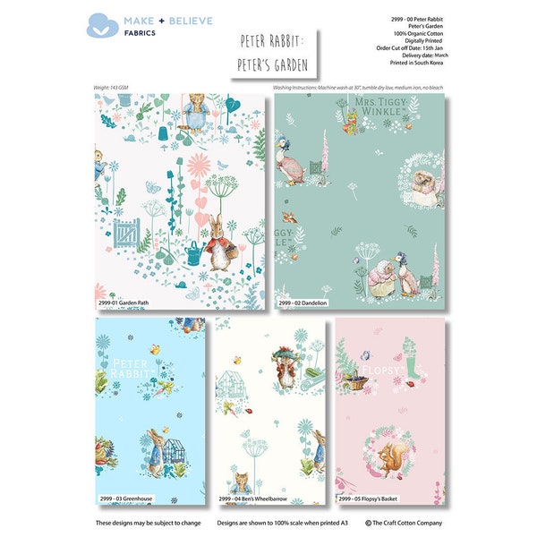 Peter Rabbit ""Peters Garden"" 5 Fat Quarter Bundle Baumwolle Quiltgewebe."