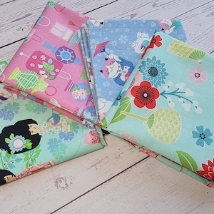 Geisha Girl By Michael Miller. Japanese floral, lucky good fortune cat quilting cotton fabric. Fat quarter bundle and per FQ