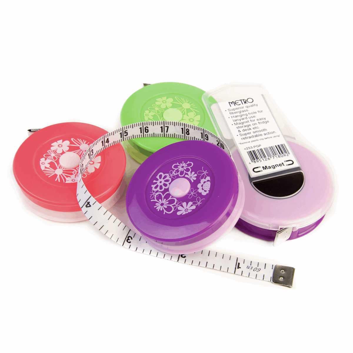 Retractable Tape Measure: Pink/navy blue. Sewing and crafts. 150 cm long.  Metric and imperial.