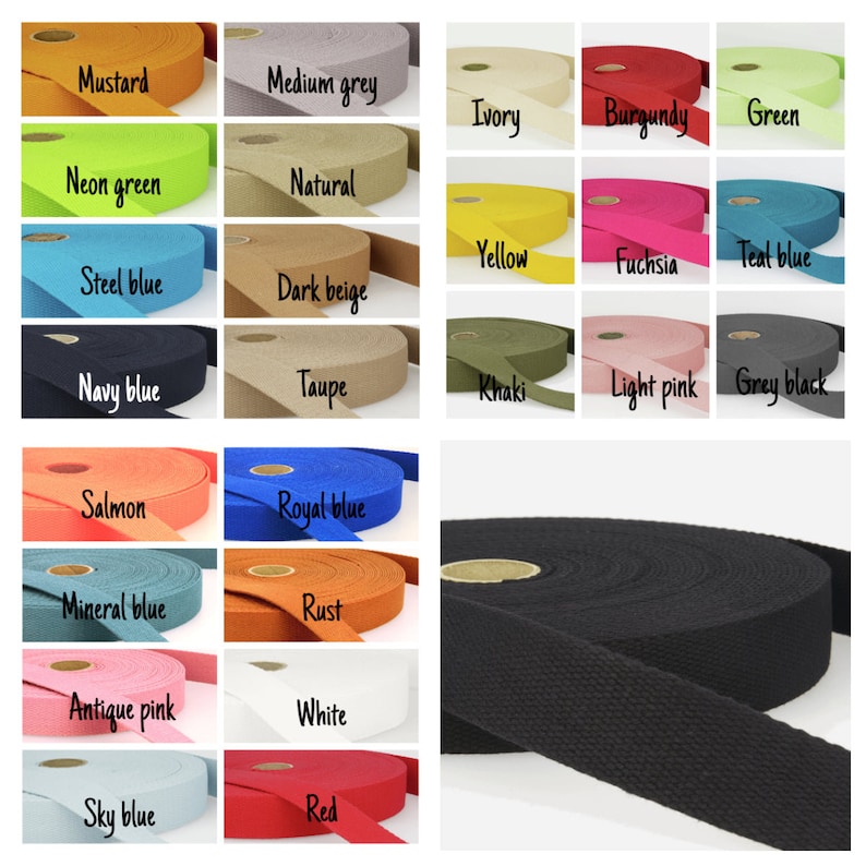 25 mm /30mm Solid Plain Cotton Stephanoise Webbing bag strapping. Per metre. image 1