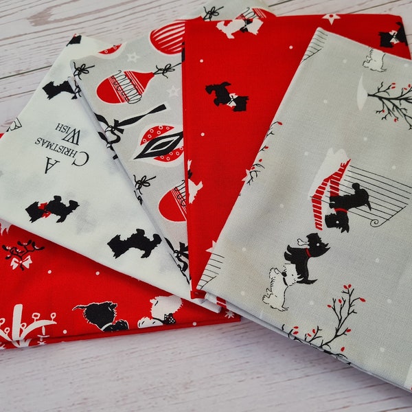 Scottie dog V&A Christmas fat quarter bundle of 5 quilting cotton Fabrics.