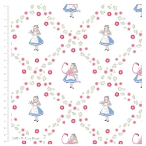 Alice in Wonderland floral cotton poplin. Kids, nursery quilting fabric. By the half metre