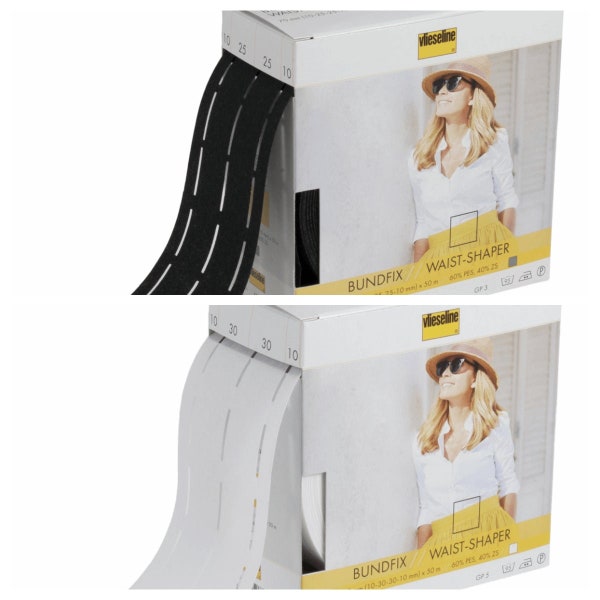 Vlieseline Vilene Bundfix Waist shaper/ Fuse and Fold Firm waistband: x 3cm /2.5 cm Grey white. Per m