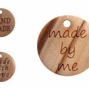 3 x Wooden &quot;hand made&quot;, &quot;made by me/with love&quot; Button sewing label tag 18mm