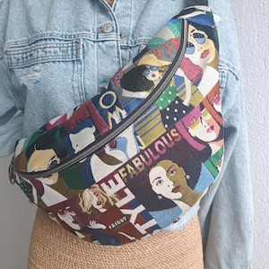 XL cotton jacquard fanny pack, vintage retro women&#39;s figurative pattern
