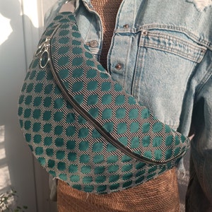 Sac à Main Tissu Zippé Motif Géométrique Noir Et Beige - Fait Main, NEUF Sans étiquettes