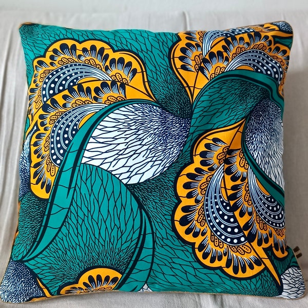 Housse de coussin en wax vert et jaune