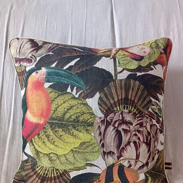 Housse de coussin en lin, motifs tropicaux