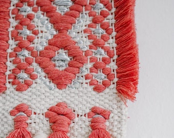 Boho Luxe | Coral and Silver Woven Wall Hanging | wall tapestry, gallery wall, woven wall art