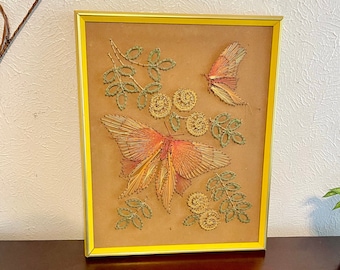 Vintage String Art Butterfly Floral Wall Decor Orange Yellow Butterfly Moth String Art Mid Century Wall Decor Botanical Butterfly AS IS