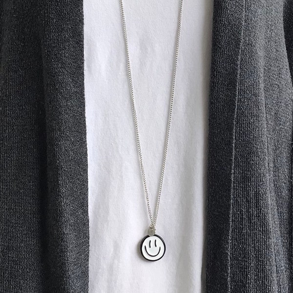 Extra Long Silver Smile Face Necklace Personalized Disc Initial Smiley Face Letter Coin Very Long Necklace