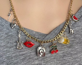 Custom Gold Charm Necklace, Pick your charms, gold filled paper clip chain