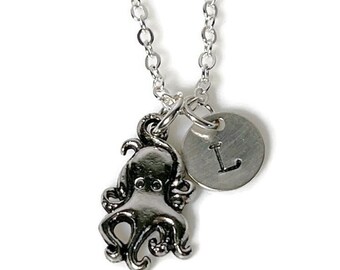 Octopus Necklace, Silver Octopus Charm, Octopus Jewelry, Beach Sea Life Nautical Jewelry Personalized Gift, INV 01