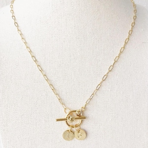 Gold Plated Paperclip Chain Necklace with Mini Toggle Closure, Personalized Initial Disc,Gold Necklace, Jewelry Gift, Monogram Necklace,