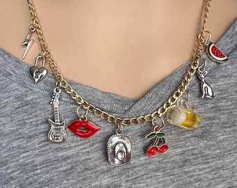 Custom Gold Charm Necklace, Pick your charms, gold filled paper clip chain