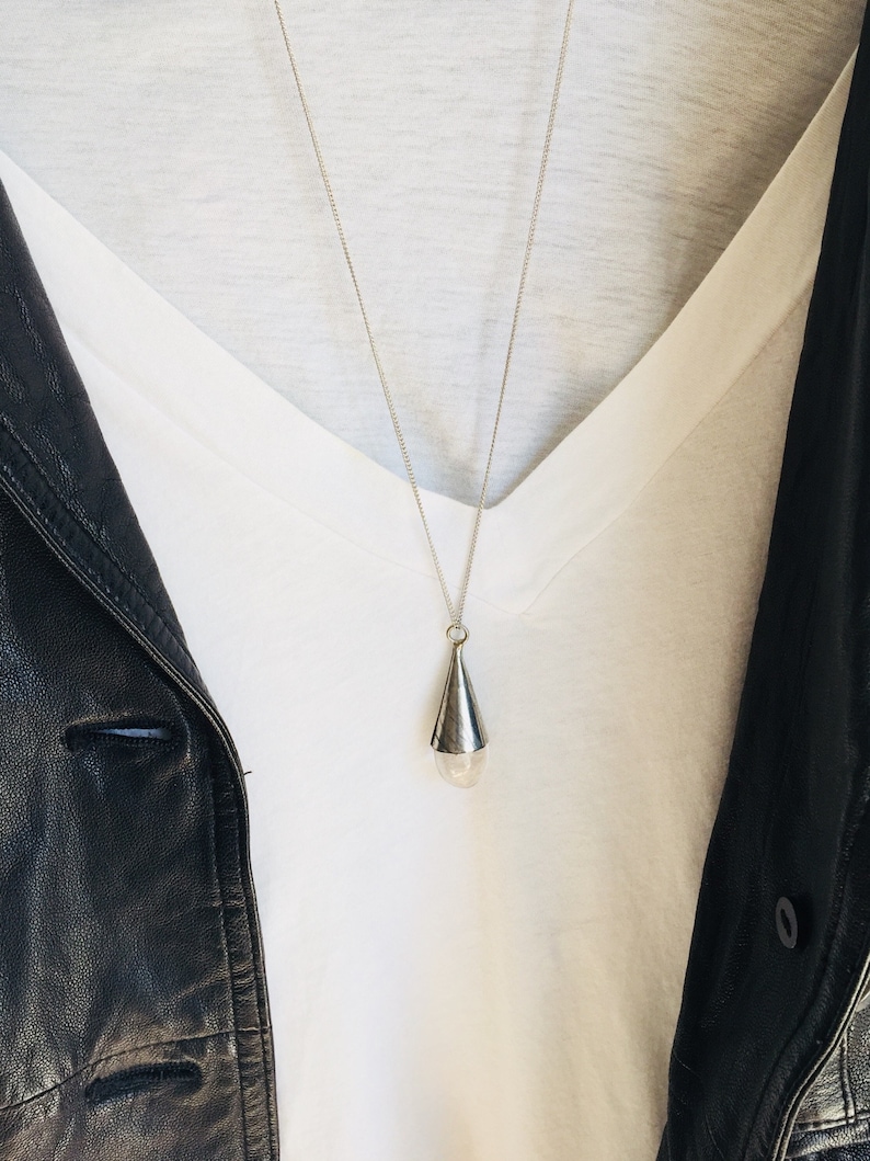 Clear Quartz Cone Drop Necklace Clear Quartz Necklace Drop Pendant Necklace Popular Jewelry PlatoJewelry Long Quartz Necklace