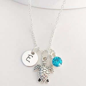 May include: Silver chain necklace with a silver turtle charm, a silver disc charm with the letter "E" on it, and a turquoise blue crystal charm.