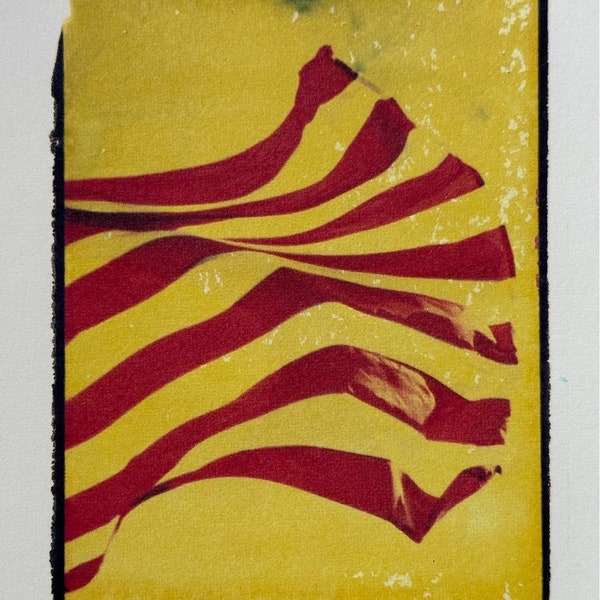 American Flag Photo Transfer on Watercolor Paper, Vintage Emulsion Lift Photograph, Red and Yellow Wall Art