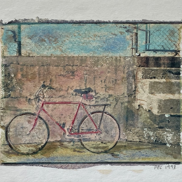 Red Bike Bicycle Polaroid Emulsion Lift Photograph, Bike Lovers Art Print, Blue Brown & Green Kids Room Decor