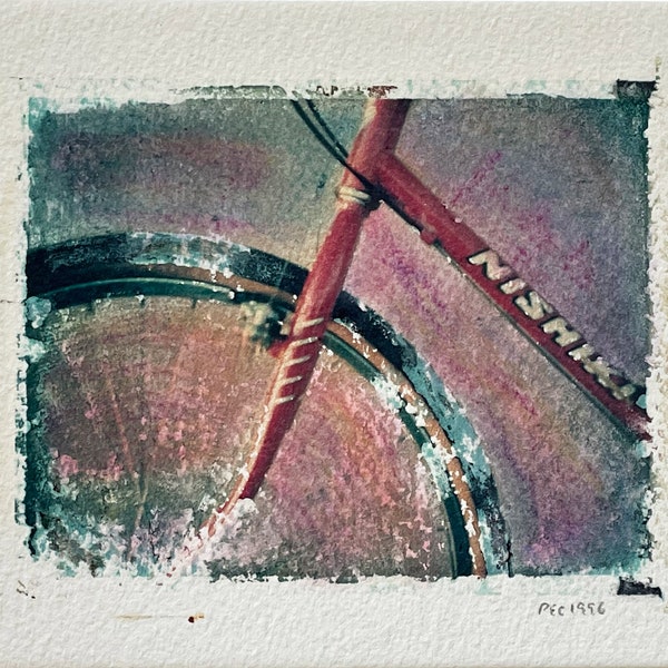 Red Bike Photo Transfer on Watercolor Paper, Vintage Emulsion Lift Photograph, Bicycle Photography, Kids Room Wall Art