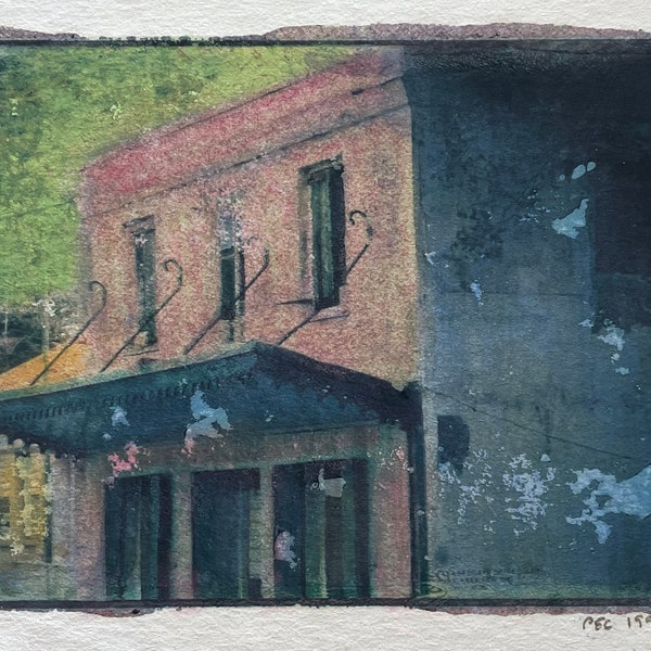 Pink and Blue Building Polaroid Transfer, Vintage Main Street America Print, Original Alternative Process Photography