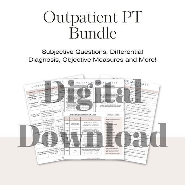 Digital Outpatient PT Cheat Sheets Bundle for PT Students - 7 Pages - Diagnoses, Special Tests, Exercises, Outcome Measures - PDF Download