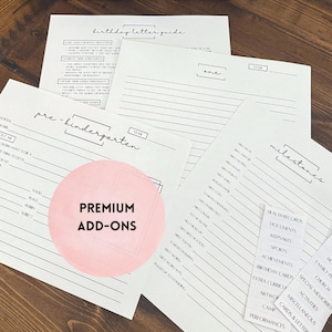 Complementos premium para la caja de recuerdos infantiles: cartas de cumpleaños impresas, entrevistas escolares, hoja de hitos, repuestos de recuerdo y extras.