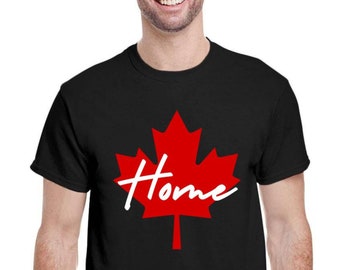 May include: Black t-shirt with a red maple leaf design and the word "Home" written in white script.