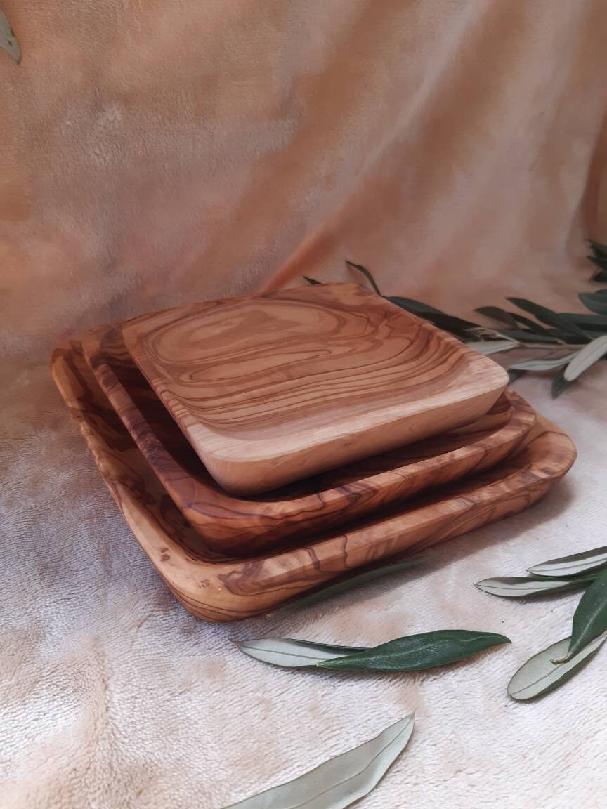 Cadeau Saint Valentin, Noël Christmas Set, Série de Trois Assiettes Carrées 19/16/13 cm en Bois d'ol