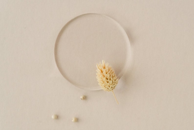 May include: A beige background with a clear circle and a dried flower in the centre. There are four small white beads scattered around the circle.