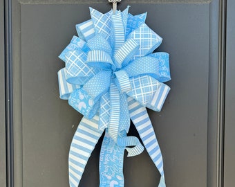 Baby Boy Wreath Bow, Light Blue and White Boy Mailbox Bow, Baby Shower Decor