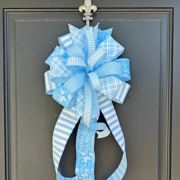 Baby Boy Wreath Bow, Light Blue and White Boy Mailbox Bow, Baby Shower Decor