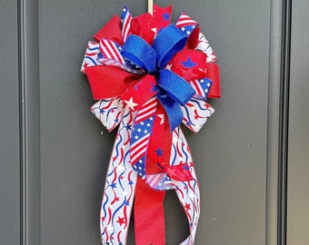 Glittered Patriotic Wreath Bow, Stars and Stripes Mailbox Bow, Red White and Blue Independence Day Home Decor