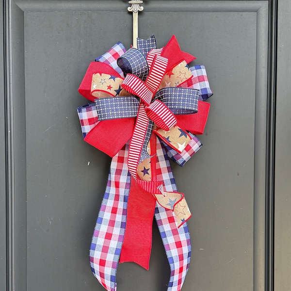 Red White and Blue Check Patriotic Wreath Bow, Memorial Day Mailbox Bow, Independence Day Indoor or Outdoor Home Decor