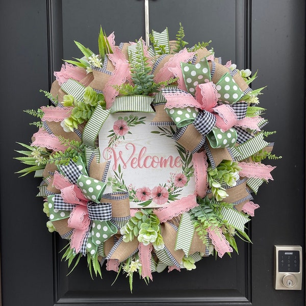 Pink and Green Everyday Welcome Wreath, Pink Floral Spring Wreath for Front Door, Gift for Mom or New Homeowner