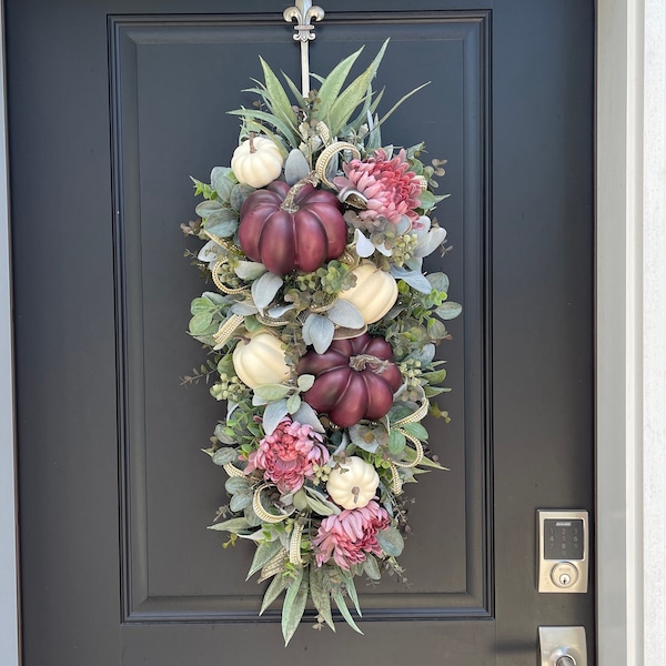 Mauve and Cream Pumpkin Wreath Swag, Glamorous Fall Wreath for Front Door, Glitz and Glam Fall Home Decor
