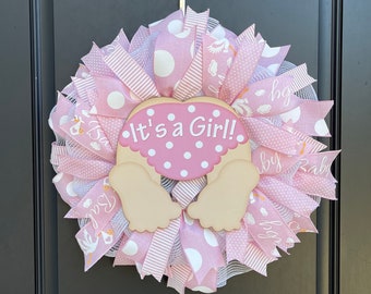 Mesh Baby Shower Wreath for Girl, Baby Announcement Wreath for Front Door, Baby Girl Decor