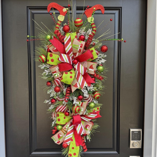 Elf Christmas Wreath Swag: Whimsical Holiday Front Door Decor