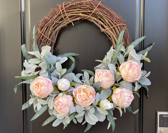 Lambs Ear and Peony Grapevine Wreath, Peach Flower Wreath for Front ...