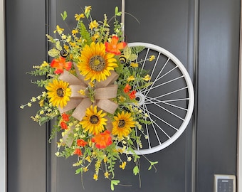 Summer Sunflower Garden Bicycle Wheel Wreath, Sunflower Porch Decor, Yellow and Orange Floral Bike Wheel Wreath for Front Door