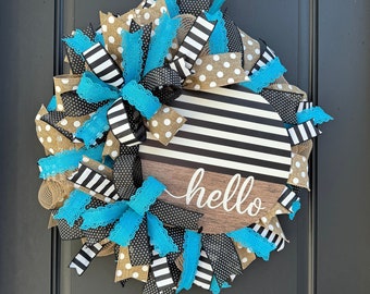 Hello Wreath for Front Door, Everyday Stripe and Polka Dot Wreath, Spring and Summer Home and Porch Decor