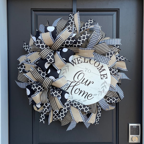 Black and Tan Everyday Welcome Wreath, Welcome to Our Home Wreath for Front Door, Black White and Tan Neutral Home Decor