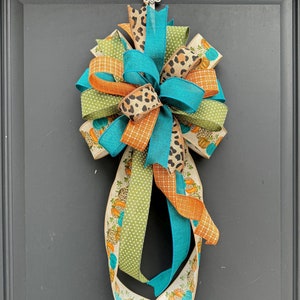 Leopard Pumpkin Fall Wreath Bow: Orange Turquoise Autumn Decor