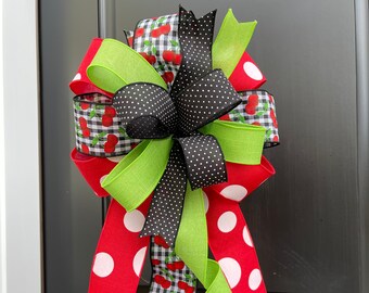 Cherry Wreath Bow, Red Green and Black Lantern Bow, Indoor or Outdoor Decorator Bow