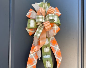 Orange and Green Fall Pumpkin Wreath Bow, Fall Plaid Lantern or Mailbox Bow, Indoor or Outdoor Autumn Home Decor