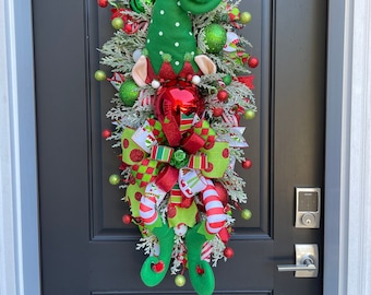 Large Elf Themed Christmas Wreath Swag, Whimsical Red and Green Christmas Wreath for Front Door, Elf Holiday Decor