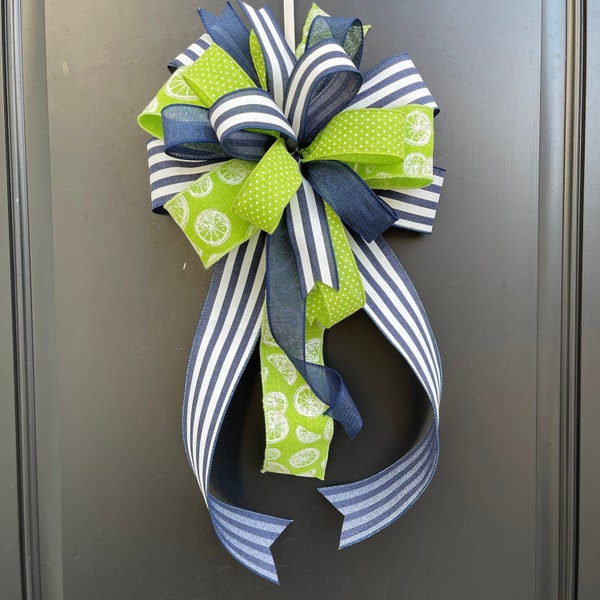 Navy and White Lime Wreath Bow, Green and Blue Citrus Bow, Indoor or Outdoor Spring Decor