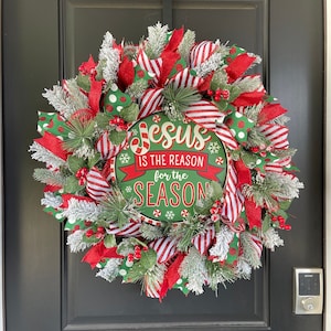 Jesus Is The Reason for The Season Christmas Wreath, Traditional Red and Green Holiday Wreath for Front Door, Religious Holiday Home Decor