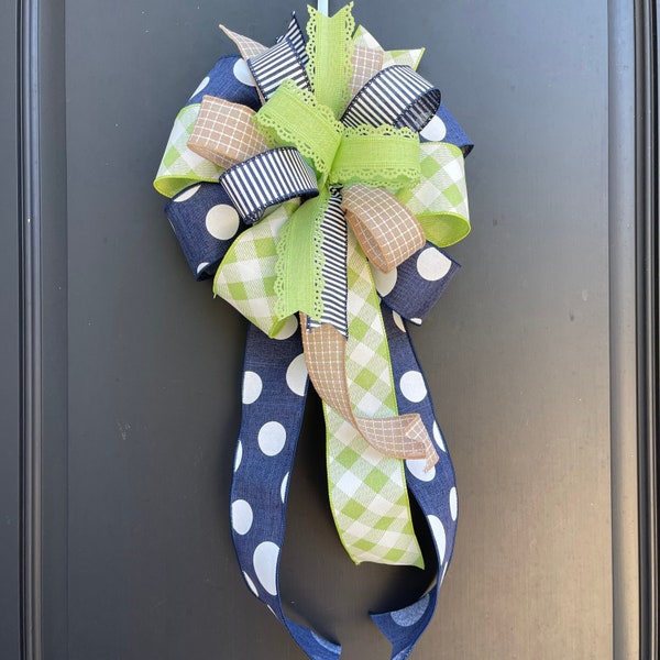 Navy Blue and Lime Green Bow, Everyday Bow, Year Round Wreath Bow