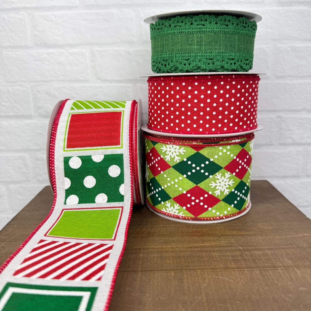 Red and Green Christmas Ribbon Roll or Bundle, Wired Edge for Wreaths ...
